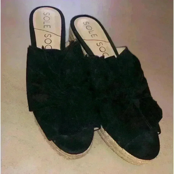 SOLE SOCIETY BLACK OPEN TOE WEDGE LEATHER SHOES SIZE 8,5 M - Picture 5 of 9